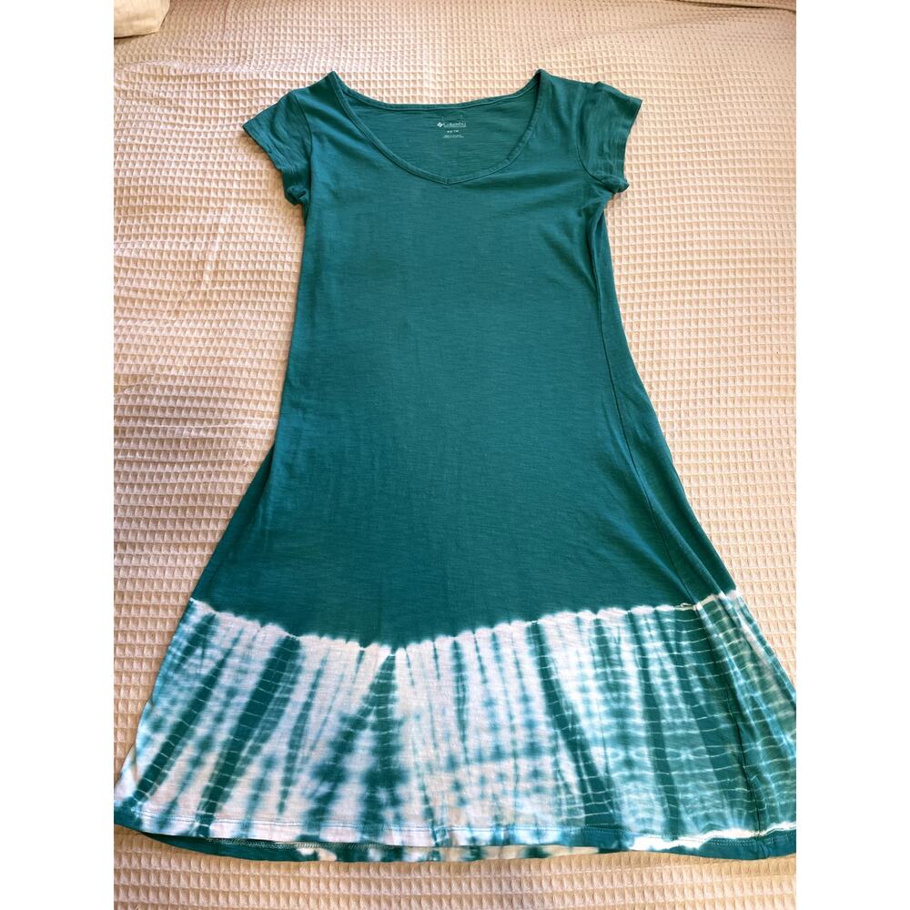 Columbia Daisy Fields Teal Tie Dye V Neck 100% Cotton Tee Shirt Dress Size XS - Picture 9 of 10